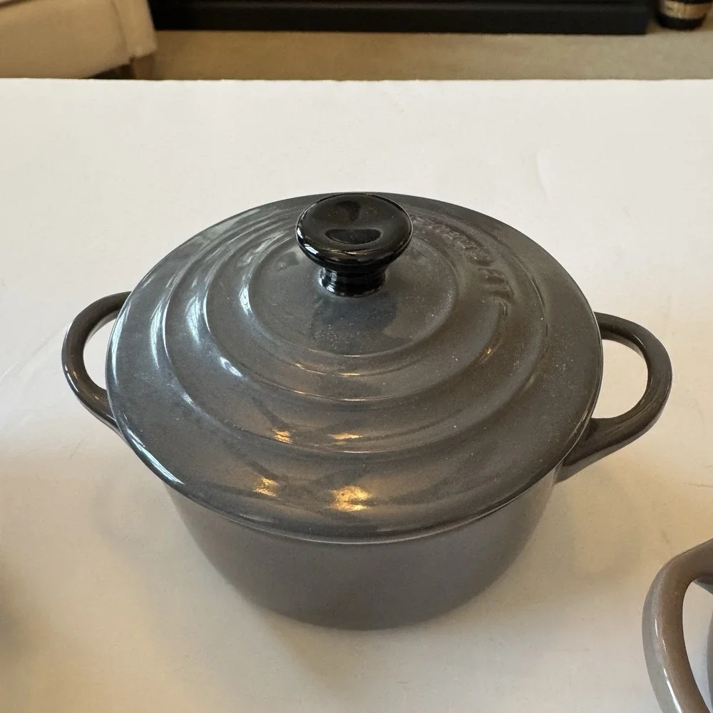 Le Creuset Mini Round Cocotte Set/3 Flint Grey, Fig, Black With Lids Plus Bonus
